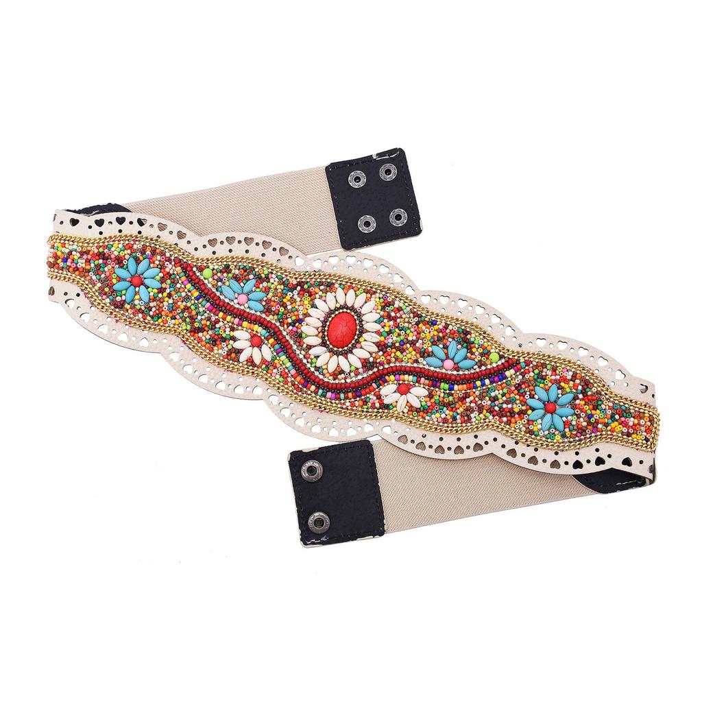 Adjustable Ethnic Waistband Decorative Cummerbund Belt with Flower Design Stretchy Wide Cinch Band for Dresses