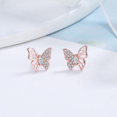 S925 Sterling Silver Small Butterfly Micro-Inlaid Female Stud Earrings Ins Cold Style Elegant Earrings Personality Ornament