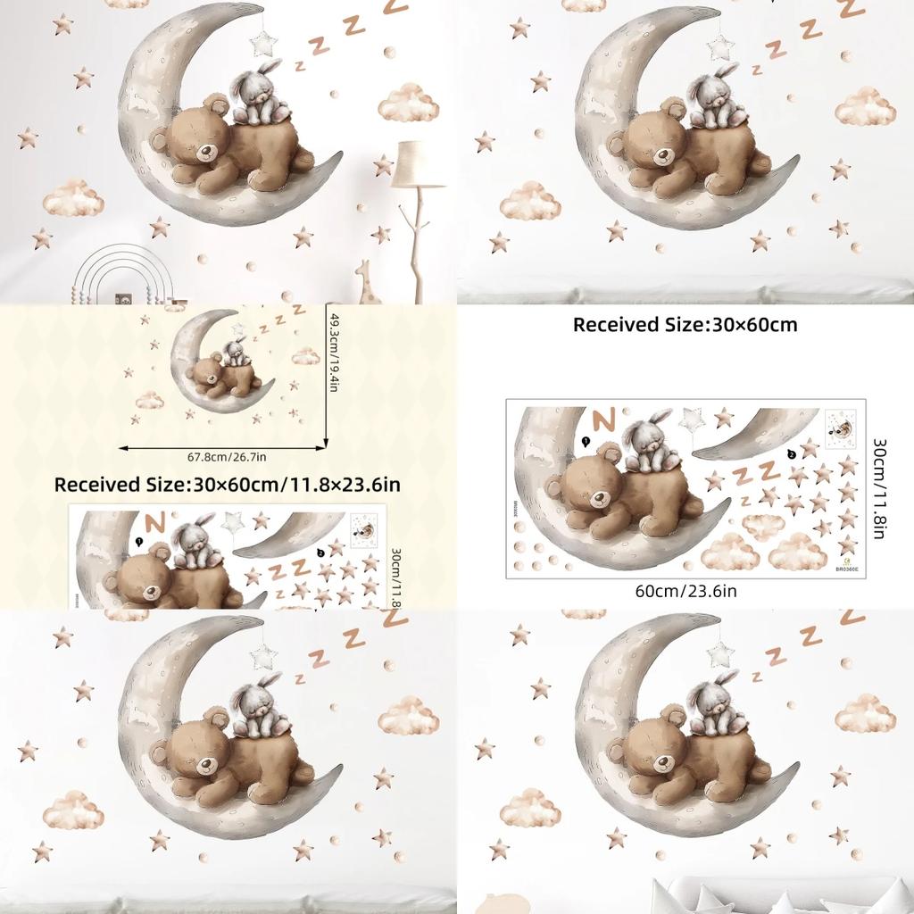 Moon Rabbit Bear Wall Stickers Cute Ins Style Cartoon Decals for Kids Room Nursery Kindergarten Decor Home Background Decal