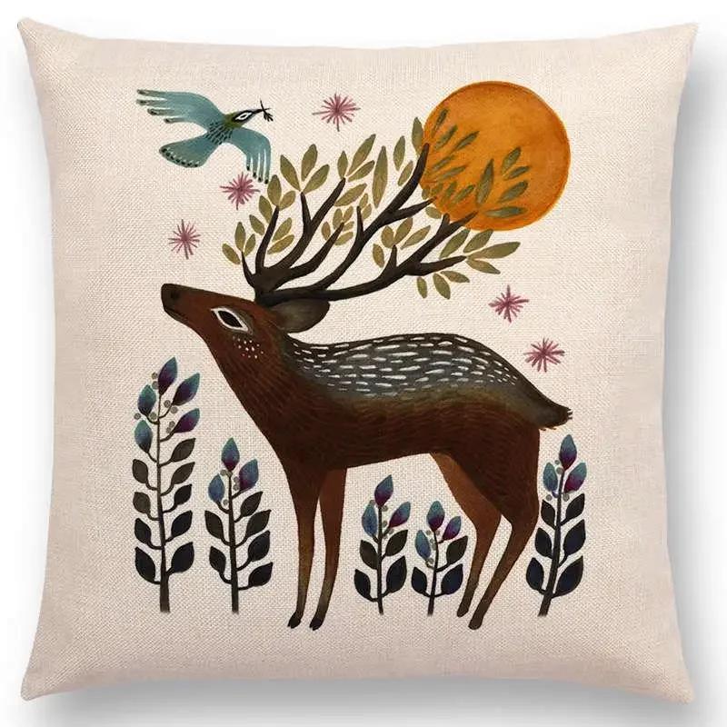 Retro Mystery Watercolor Art Totem Sofa Pillow Case Animals Deer Bear Bird Fish Fox Owl Snake Rabbit Heron Bee Cushion Cover