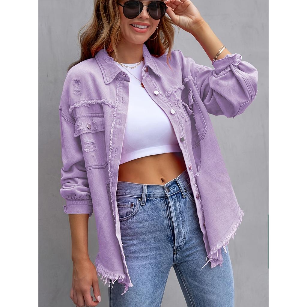 Plus-Size Women'S Loose Denim Jacket with Distressed Design