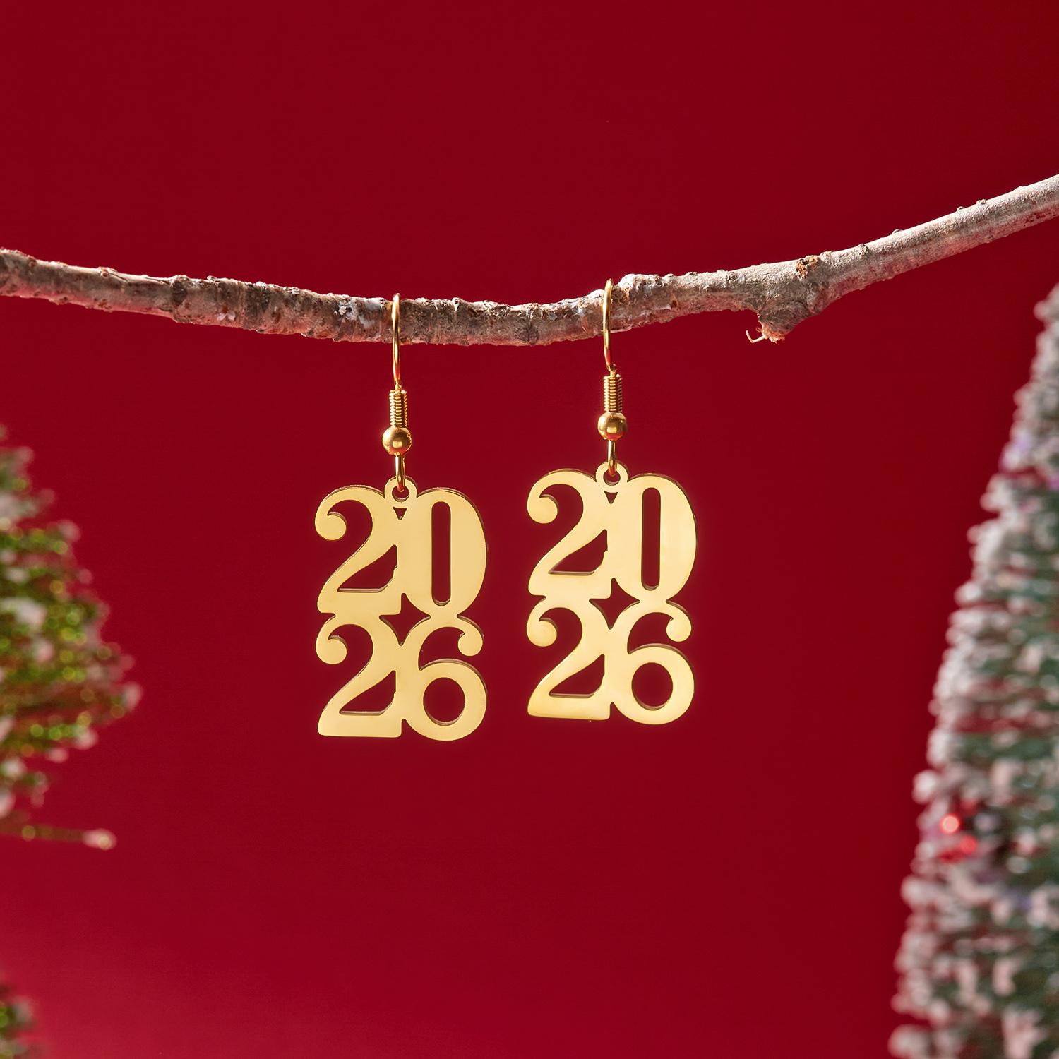 

Stainless Steel Number 2026 Pendant Drop Earrings For Women Gold Color Geometric Star Heart Hanging Earrings New Year Zircon