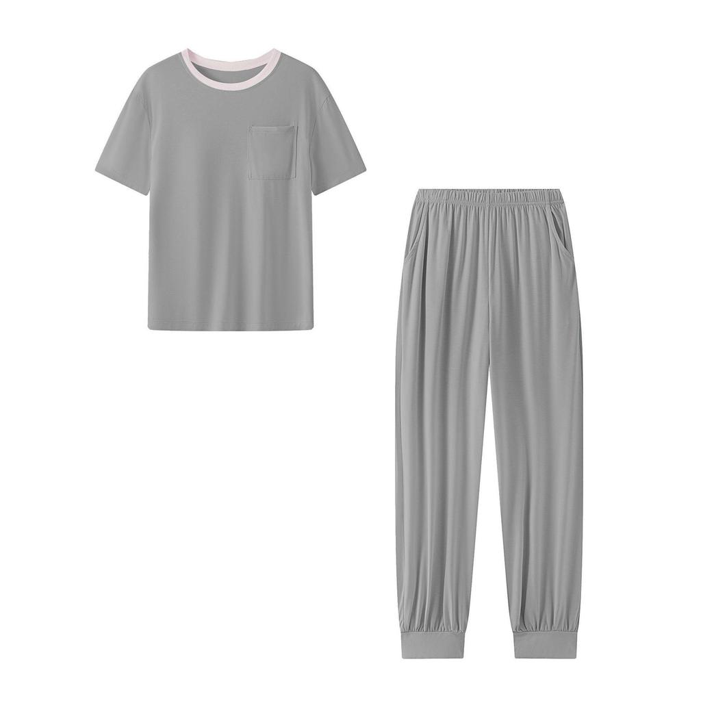 Ice Cloud Cool Feel Color-Blocked Round Neck Short Sleeve Pocket Pajamas with Cups