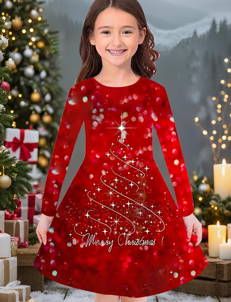 Abito alla moda autunnale e invernale da bambina, stampa natalizia 3D, girocollo, maniche lunghe, abito a T-shirt lungo da bambino, casual versatile, abbigliamento natalizio