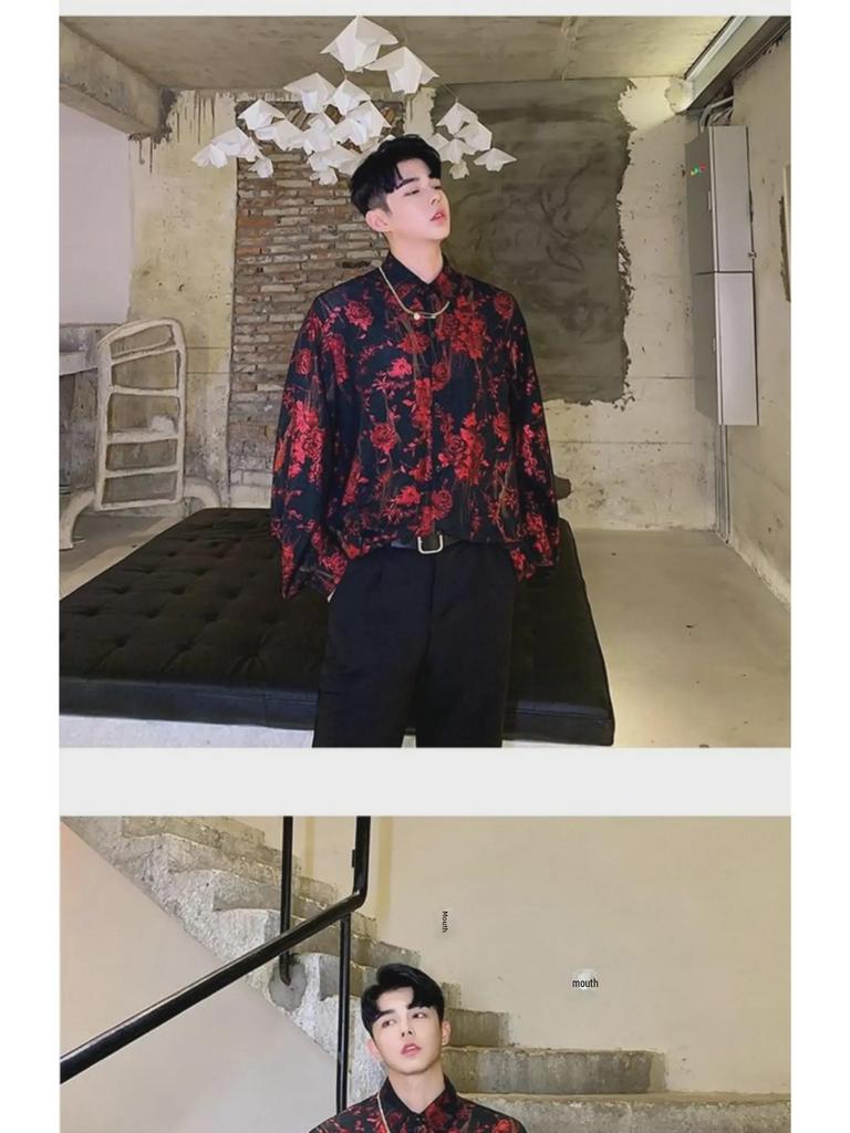 Pánská retro lesklá westernová košile s potiskem růží - Volná, trendy top kadeřníka ve stylu celebrit