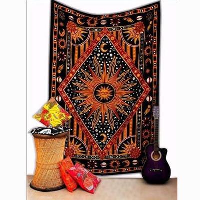 Ručne vyrobená indická hippie bohémska psychedelická nebeská slnko mesiac nástenná závesná posteľná tapiséria (Zlatá oranžová)