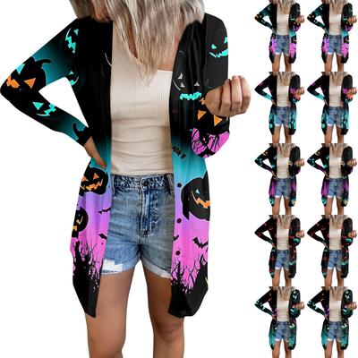 Women's Casual Cardigan Halloween Printed Long Sleeve Top With Pockets