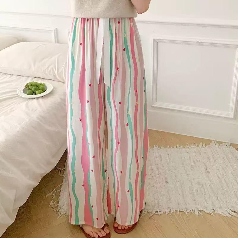 Damen-Blumen-Baumwoll-Seiden-Pyjama - Große Größen, Sommer, Leicht, Für draußen, Gerades Bein, Lockerer Schnitt