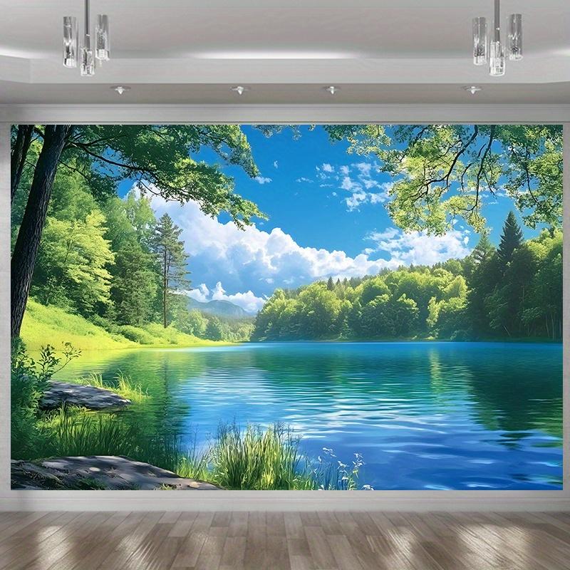 2D Flat Surface Serene Green Forest and Lake Scenery Background Fabric Polyester Fiber Suitable for Party Decoration