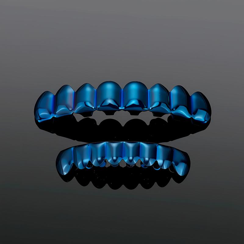 Blues Brass Hip Hop Style Wear Premade 8 On 8 Down Blue Color Unisex Dental Grills Set Teeth Grillz
