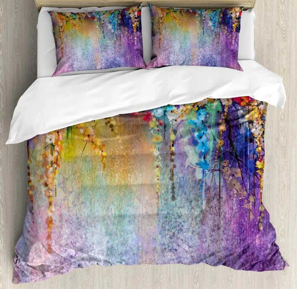 Barevná povlečení s květinovým vzorem, Abstraktní břečťanová romantická krajina Jarní květinové umění Přírodní ložní souprava Plná velikost, Tyrkysová Fialová