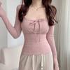 Thin Sweet Slim Tops Square Neck Lace Up T-shirt All-Match Long Sleeve T-shirt  Girls