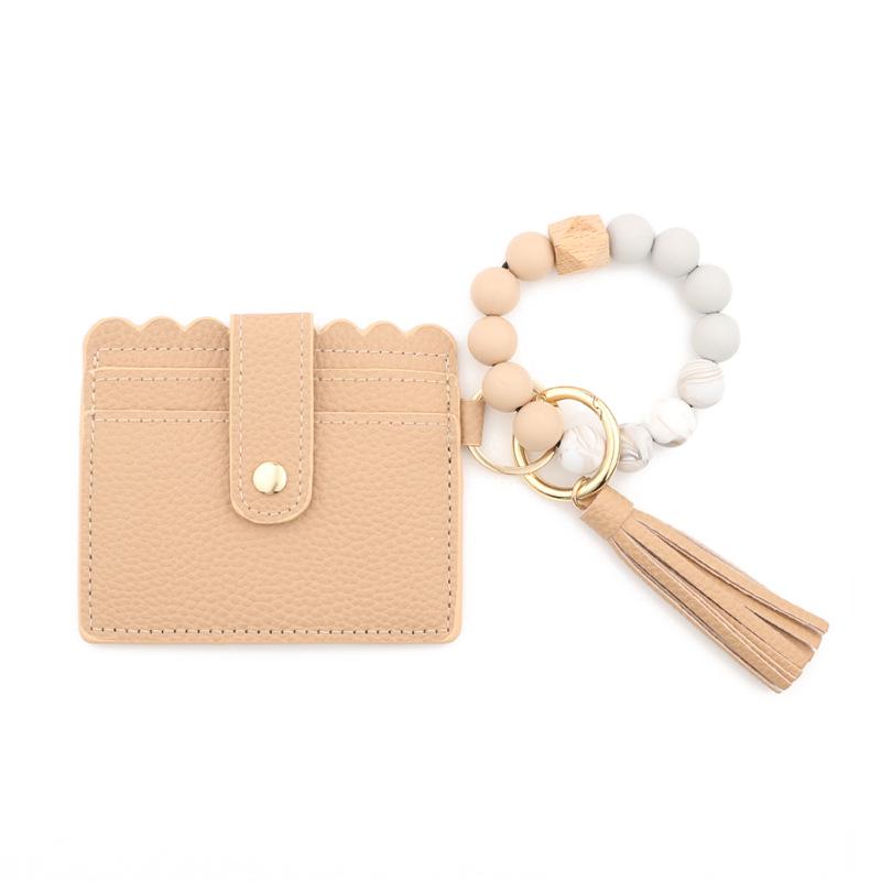 Leopard Print Silicone Bead Bracelet Wallet with PU Leather Tassel Keychain