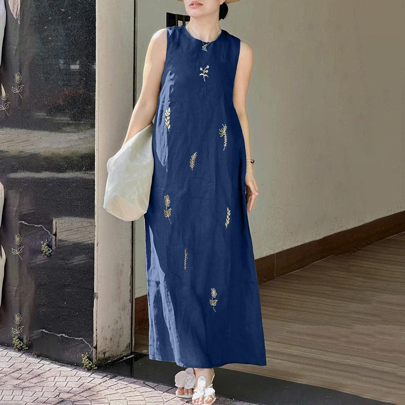 ZANZEA Women Casual Round Neck Print Loose Sleeveless Dress