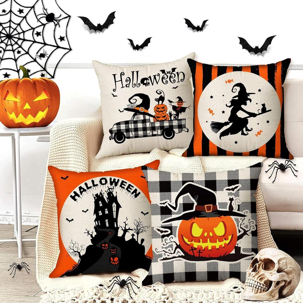 Spooky Halloween Pillows: Witch, Pumpkin, Truck & Haunted House Designs Sofa cushion cover, holiday party decoration, gift