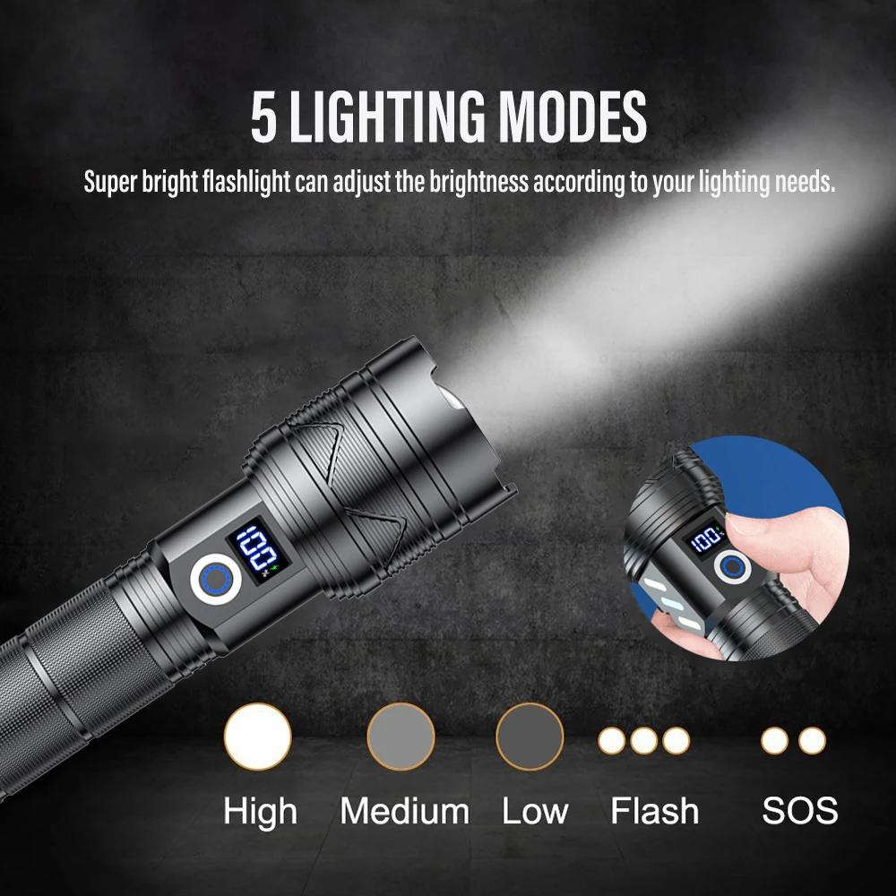10000LM Super Bright LED Flashlight USB Charging 26650 Lithium Battery Outdoor Telescopic Zoom Torch Lantern With Power Display