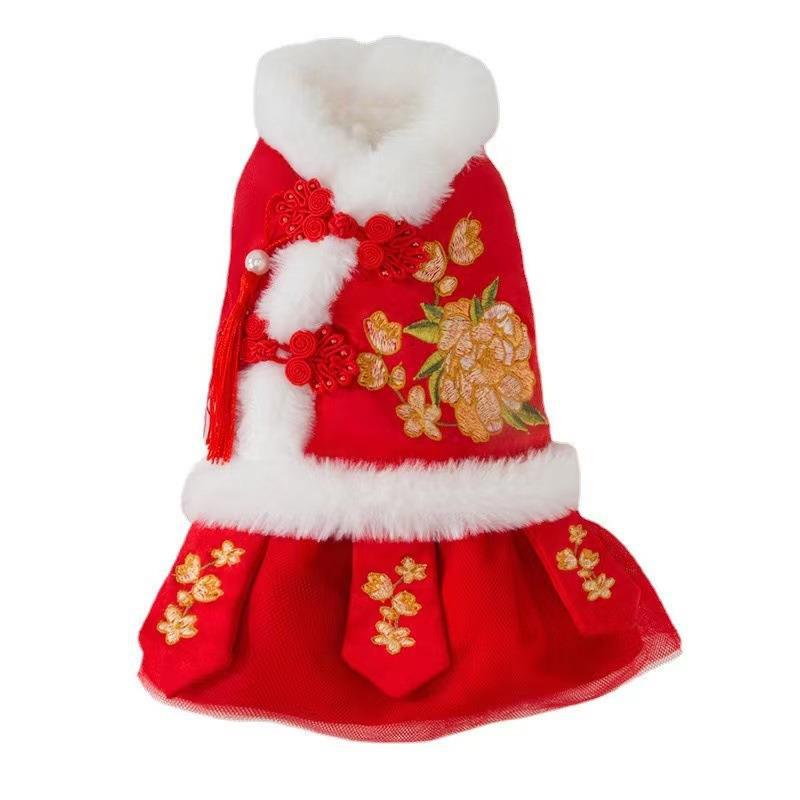 Autumn and Winter Cat Tang Suit Dress Child Kitten Puppy Dog Hanfu Skirt Chinese New Year Festive New Year Pet Dog Clothes