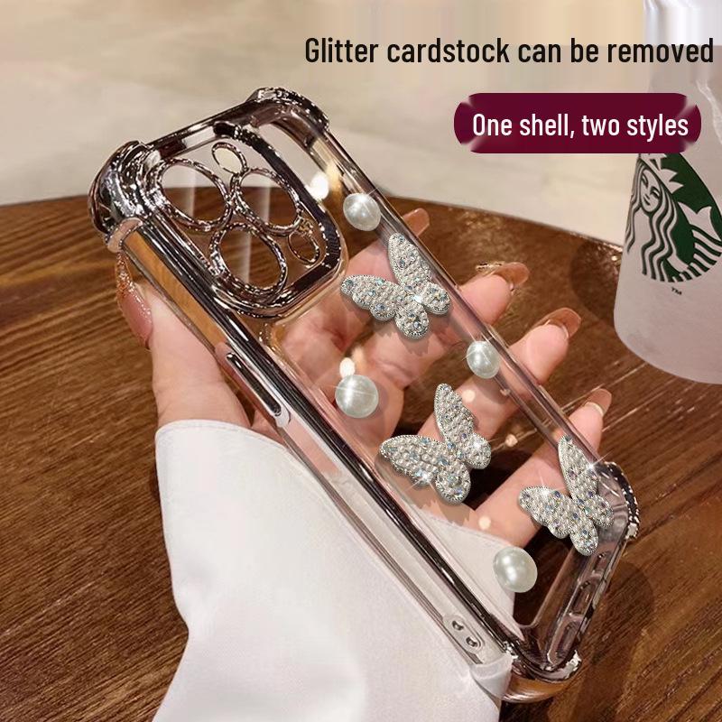 Butterfly Pearl Bracelet Phone Case for Apple 16 Pro Max: Electroplated Drop Protection, High-End Feel, Glitter Design.