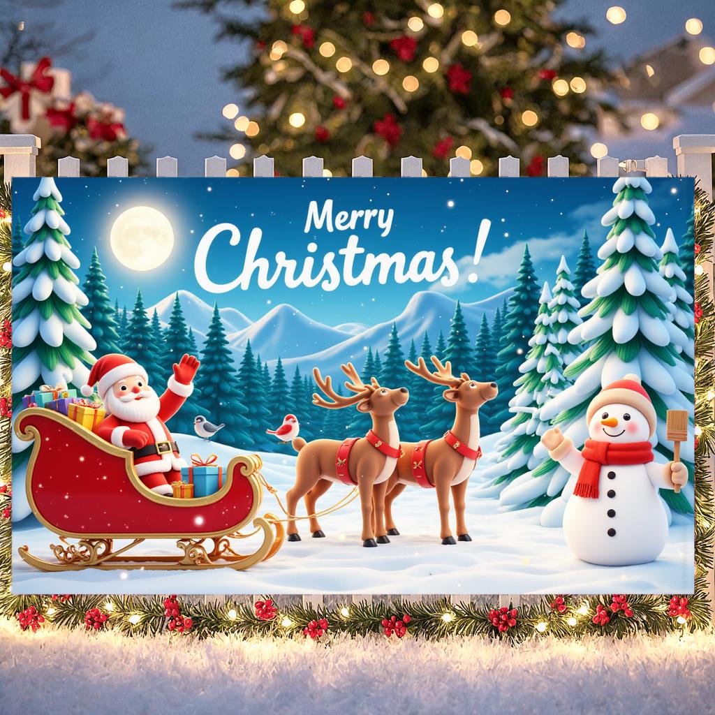 Snowy Scene Banner Red Reindeer Winter Wonderland Banner Christmas Banner Santa Sleigh For Indoor Decoration Winter Event Family