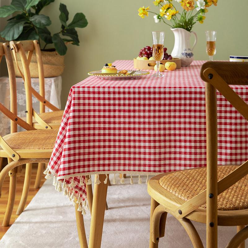 Small grid rectangular dining table cloth, red small grid fringe tablecloth, dining table cloth