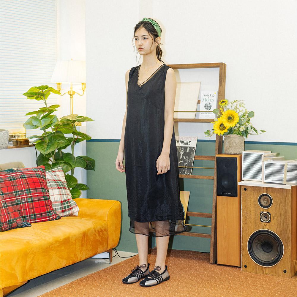 Deondeulob Dd_V Neck Sheer Hem Layered Dress_Black