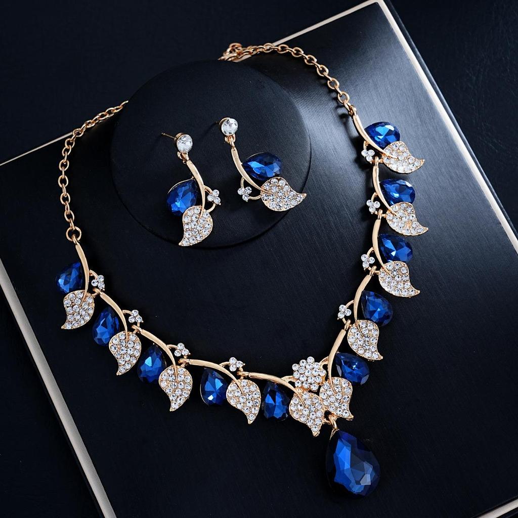 Retro Ethnic Water Drop Gem Necklace & Leaf Jewelry Set for Women
