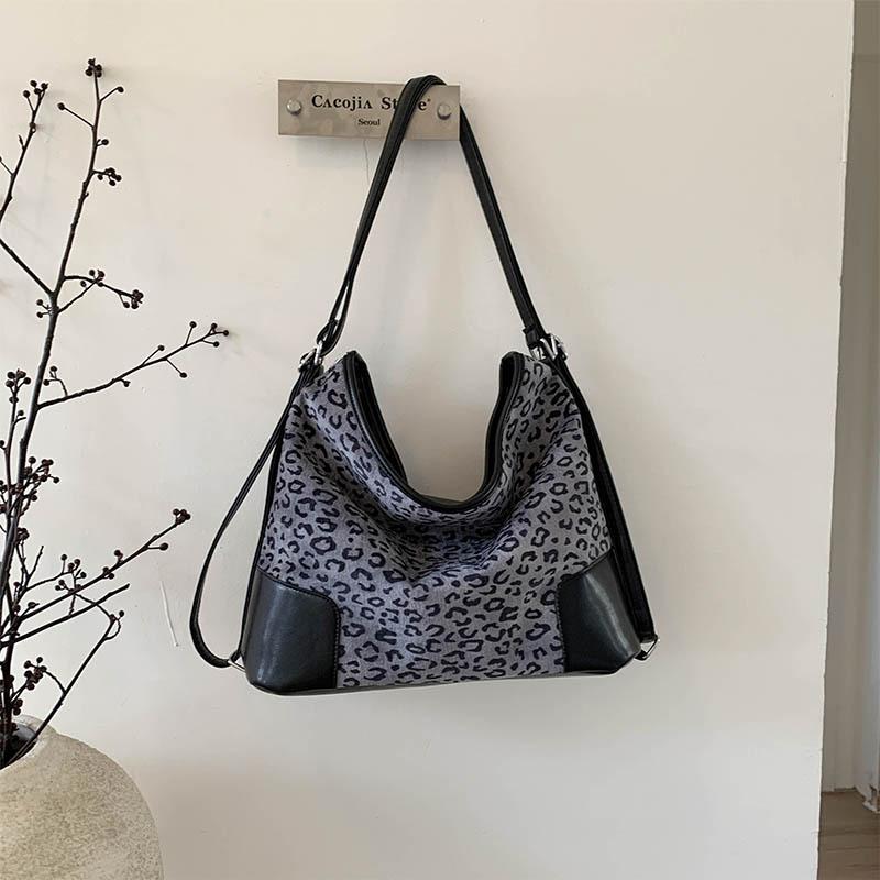 Vintage Leopard Tote Bag For Women Luxury Design Large Capacity Crossbody Bags Casual Fashion Splicing Backpacks