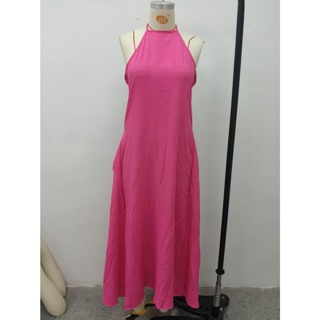 Spring Summer Women's Linen Cotton Blend Simple Backless Sleeveless Long Maxi Dress for Europe America