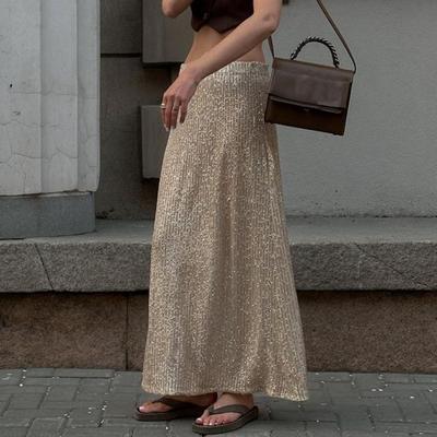 Women Maxi Skirt Elastic High Waist Shiny Sequins Long Skirt Street Style