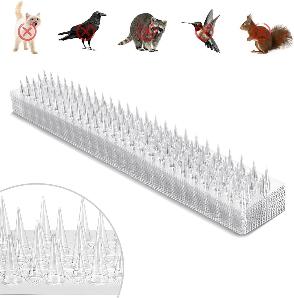 Upgraded 24 Pack Clear PVC Bird Spikes Strips Long Paired with Short Spikes Provide Narrow Gaps To Block Birds from Perching and Repel Birds Pigeon
