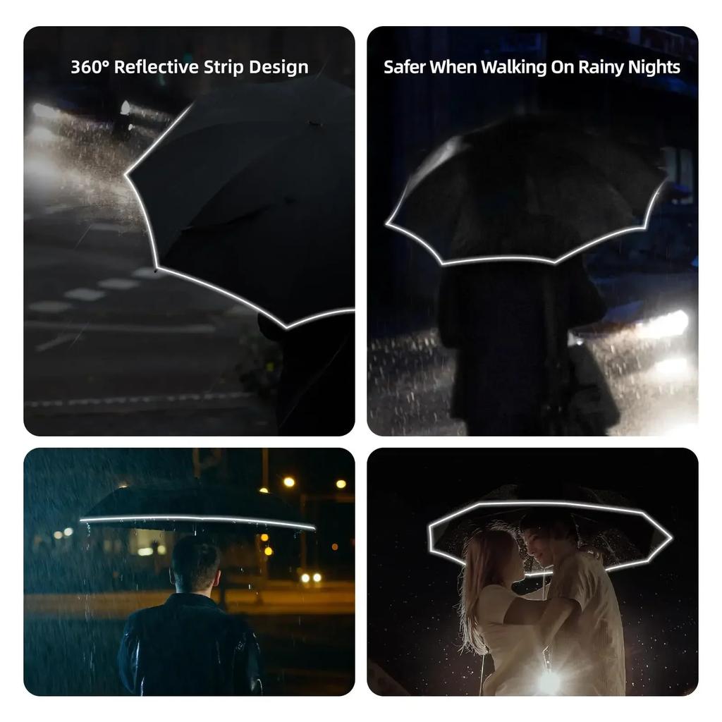 Large 135Cm Automatic Folding Umbrella, Reinforced Windproof Strong, Safety Reflective, Big Sun And Rain Umbrellas For Men Women