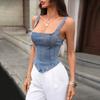 Women's Square Neck Sleeveless Slim Fit Cropped Denim Cami Top Street Style Sleeveless Denim Tank Top