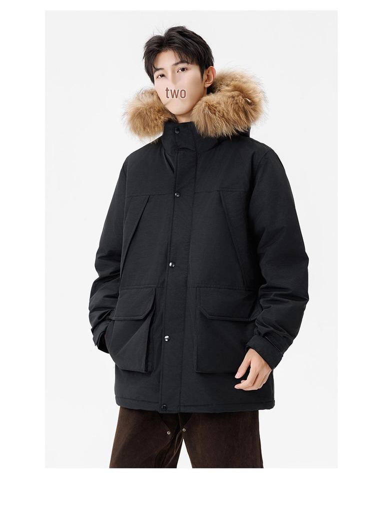 Unisex Mid-Length Winter Down Jacket with Fur Collar - Men's 90% White Duck Down Thickened Parka