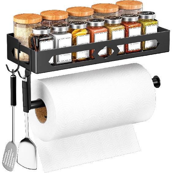 Paper Towel Holder with Shelf for Bathroom, Kitchen Paper Holder Spice Rack Paper Towel Roll Holder RV Paper Towel Rack with 2 Hooks(2 Installation