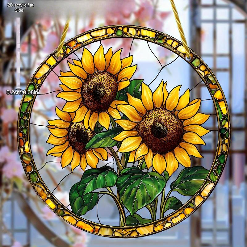 Sonnenblumen-Sonnenuntergangs-Berglandschaft Sonnenfänger Buntglas Rundes Acryl Hängende Dekoration Geeignet für Fenster Sonnenfänger Tür, Sonnenfänger