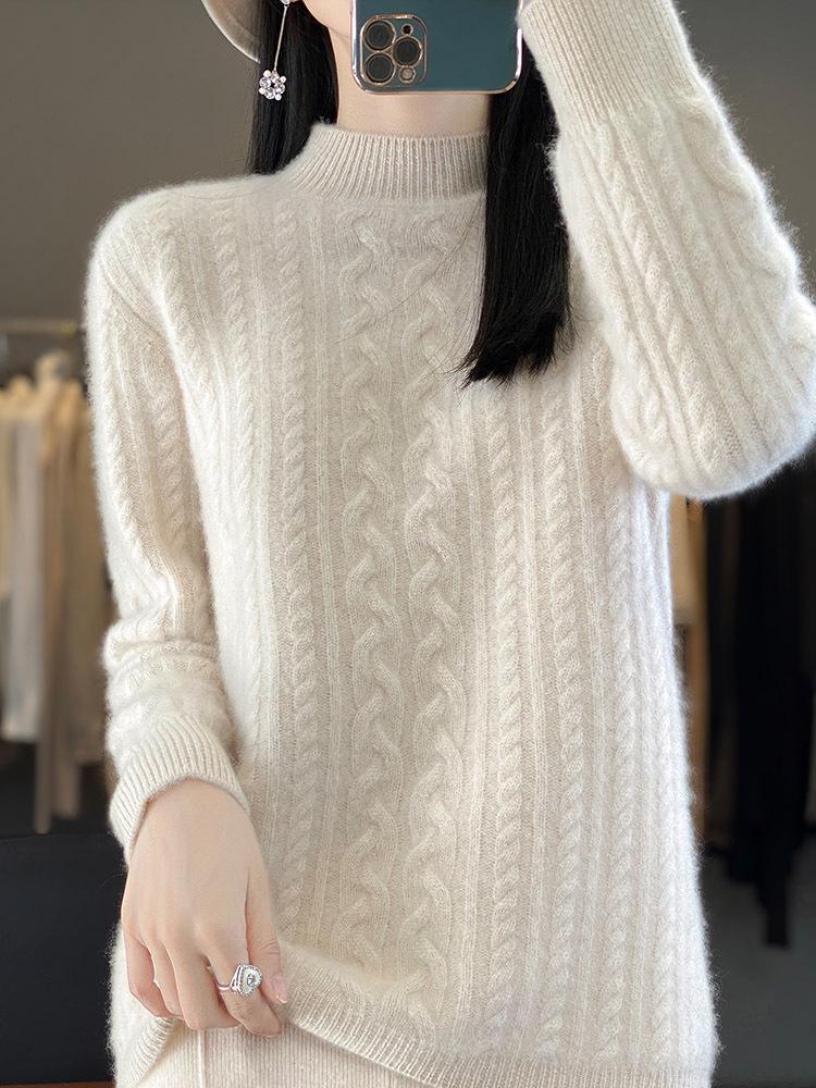 Women's Vintage Cable Knit Wool Sweater, Semi-High Neck, Long Sleeve, Thickened Cashmere, Loose Fit