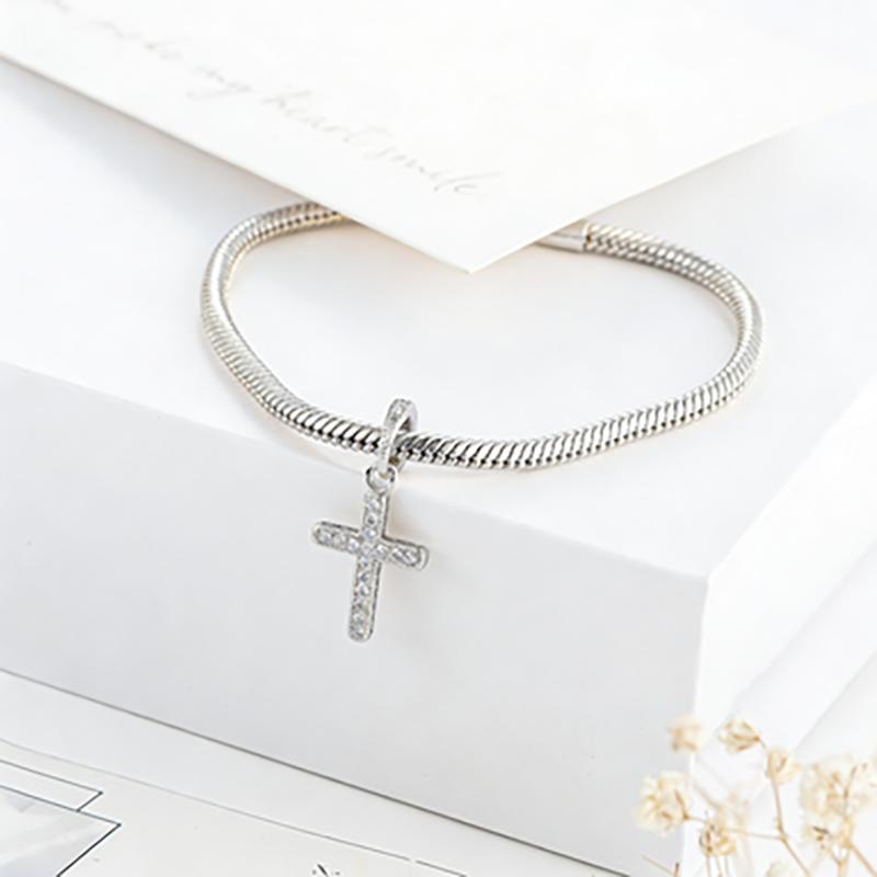 Sparkling CZ Cross Pendant Charm for Bracelet Necklace, 925 Silver Plated, Religious DIY Jewelry Gift for Women Men