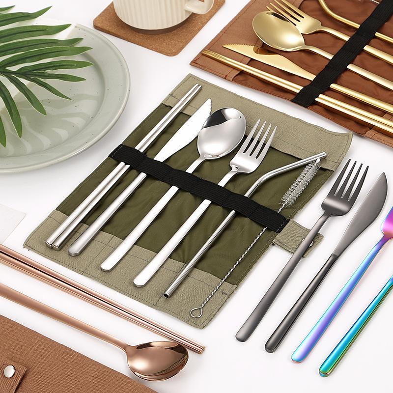304 Stainless Steel Tableware Sets, Portable Tableware Bag, Knife, Fork, Spoon, Chopsticks, Straw, Full Sets, 6Pcs