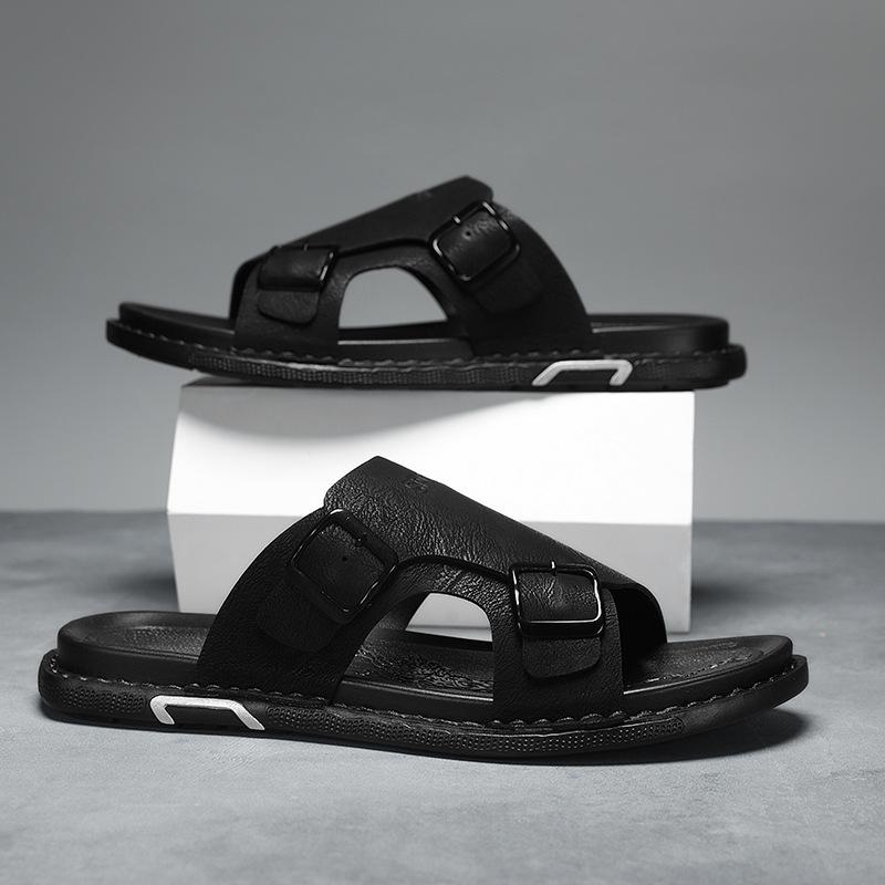

Мужские тапочки большого размера, экспортные, летние, уличные, сандалии для ног, мягкая подошва, кожаная поверхность, модные, с двойной пряжкой, шлепанцы 47 чёрный
