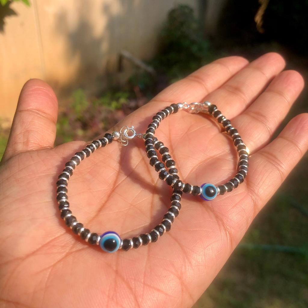 2 Pc 925 Silver Evil Eye Protection Bracelet, 5 Inch Amulet Nazariya for Kids, Infants, New Borns, Blue Black Bead Jewelry, Handmade