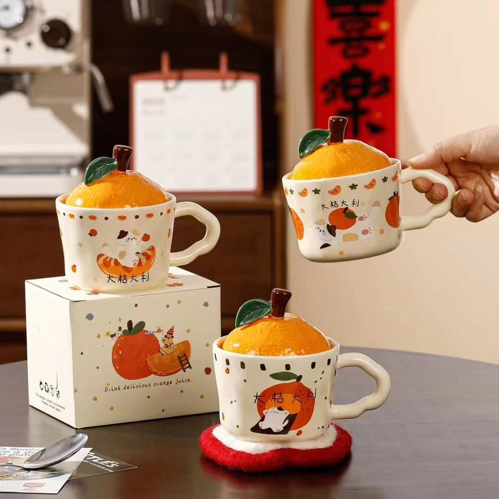Cute Orange Cat Mug with Lid Creative Good Luck Cup Girls Home Coffee Cup Chinese New Year Gift