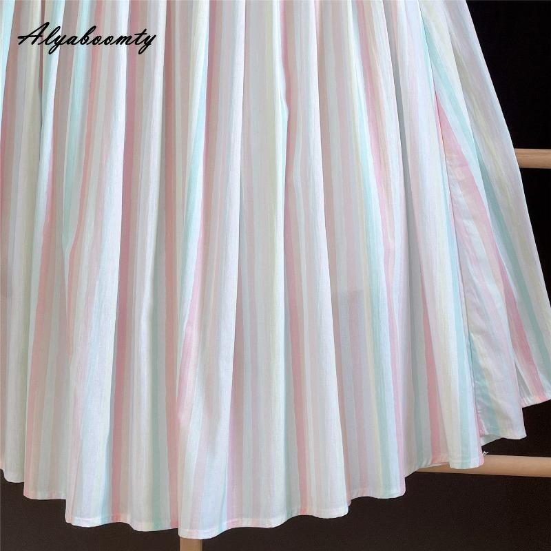 Spring Summer Women Rainbow Feminine Skirt Elastic Waist Pastel Striped Contrast Color Midi Skirt Cotton Soft Stylish Skirts Womens