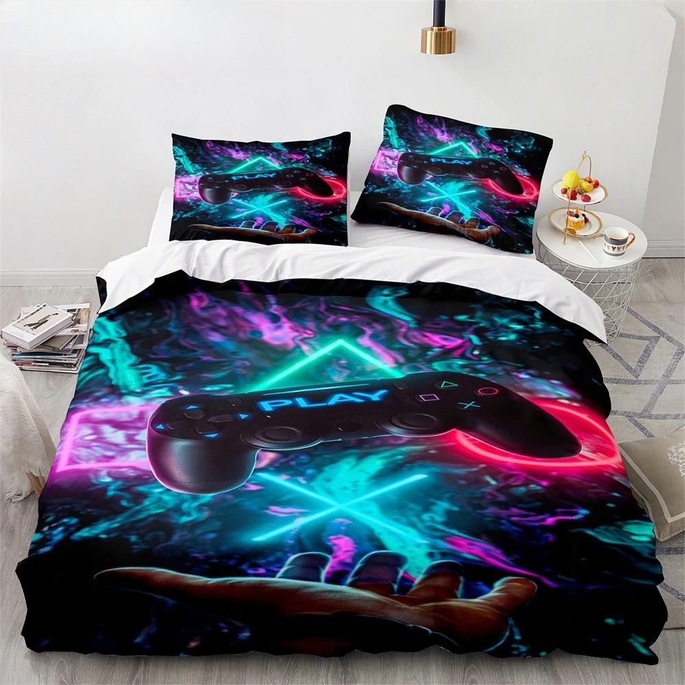 Game King Queen Duvet Cover 3D Black Game Handle Bedding Set for Kids Teens Boys Man Gamer Bedroom Decor Quilt Cover Pillowcase