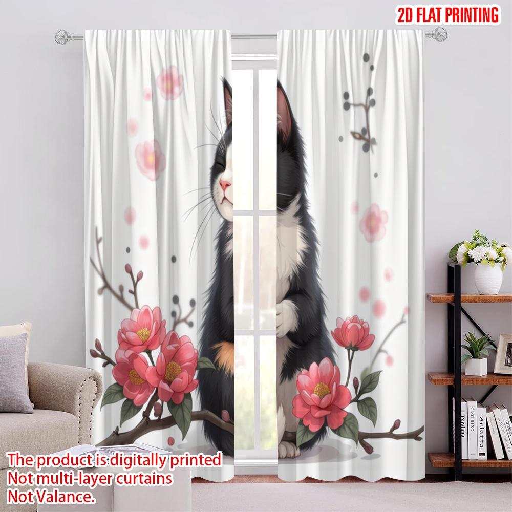 2pcs,2D Plane Printing Contemporary Curtains Zen Cat Blossom Polyester Easy Install (without Rod) Versatile All Perfect for