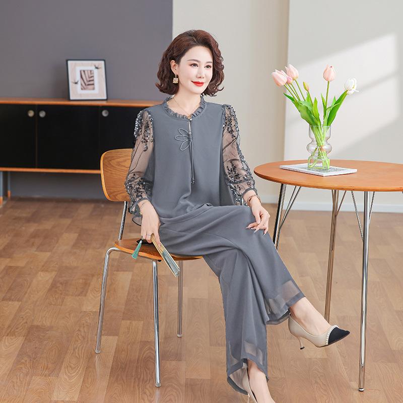 Spring Summer Slimming Loose Fit Two Piece Set Elegant Middle Aged Elderly Women's Fashionable Mommy Outfit Pants
