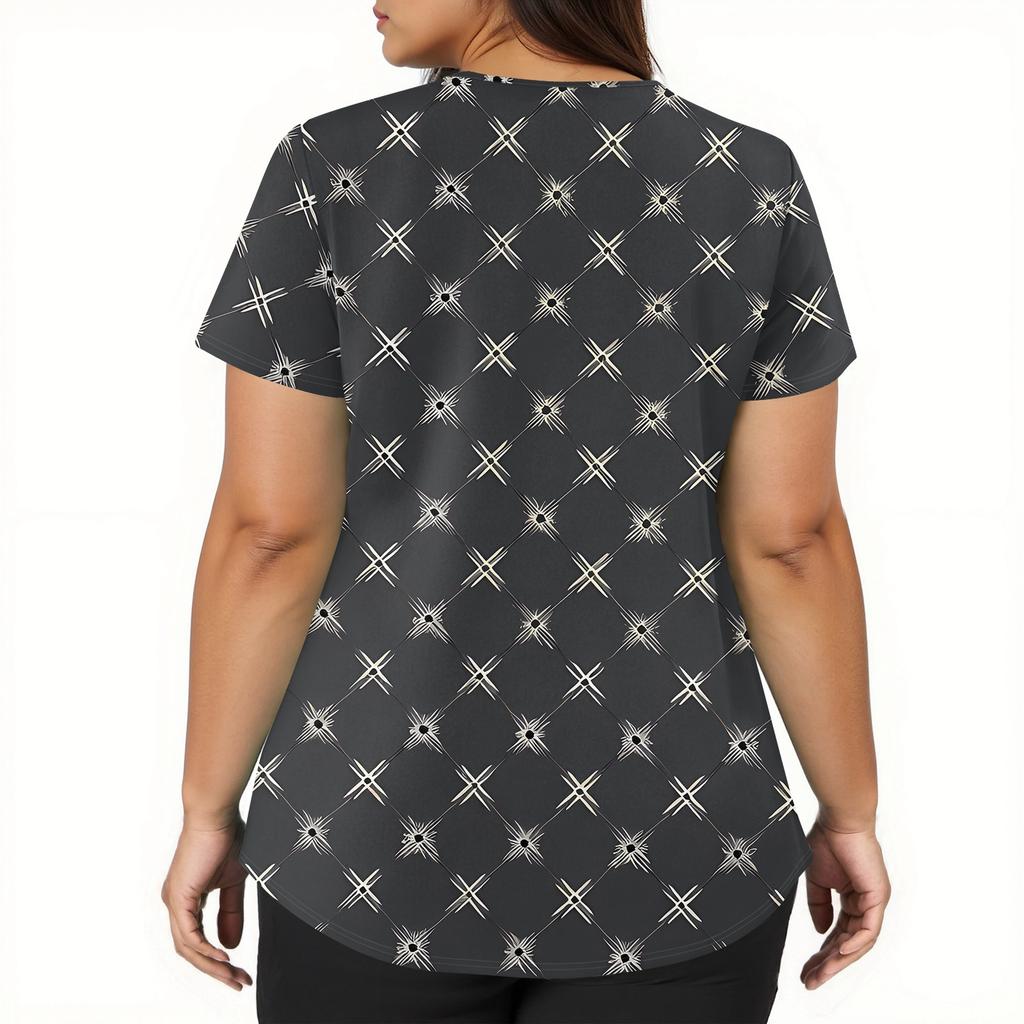 Damesmode werkkleding met V-hals, korte mouwen en bedrukte zakken