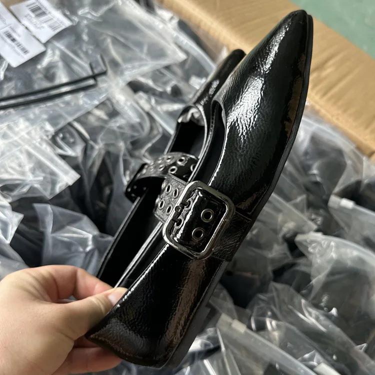 Pointed Toe Flats Shoes Women Pu Leather Fashion Buckle Strap Mary Janes Shoes Ladies Elegant Black Pumps Spring Footwear