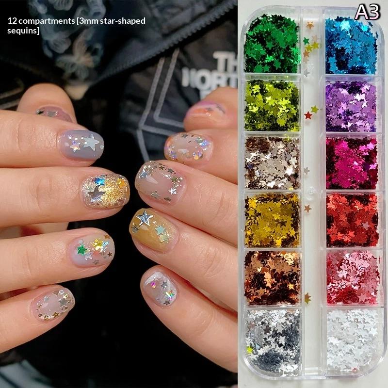 

12 Grids Star Sequin Five-Pointed Star Colorful Nail Art Charm Sparkle 3D Nail Rivet Nail Decoration Diy Manicure Accessories