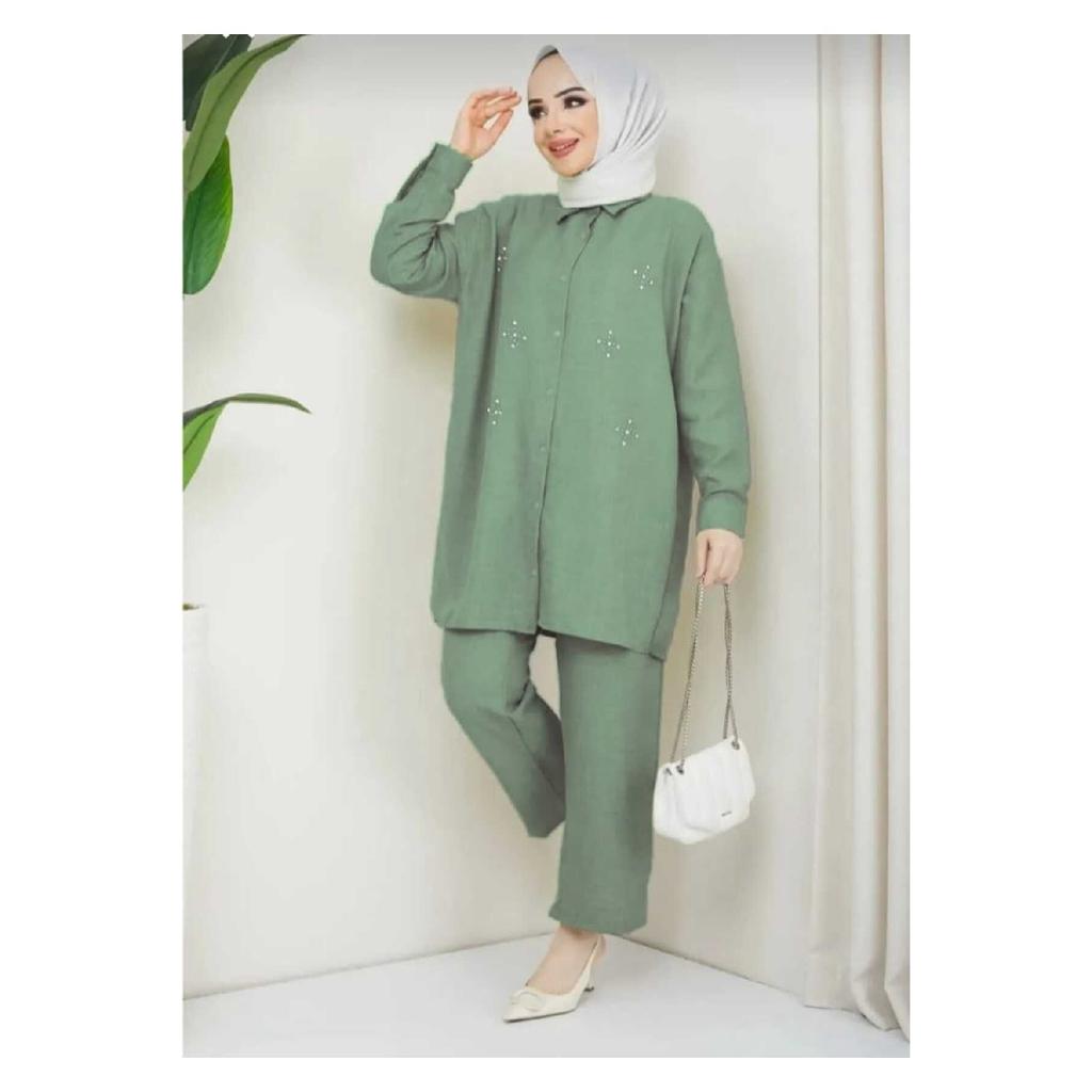 Women's Black Color Linen Shirt Collar Buttoned Bottom Top Set