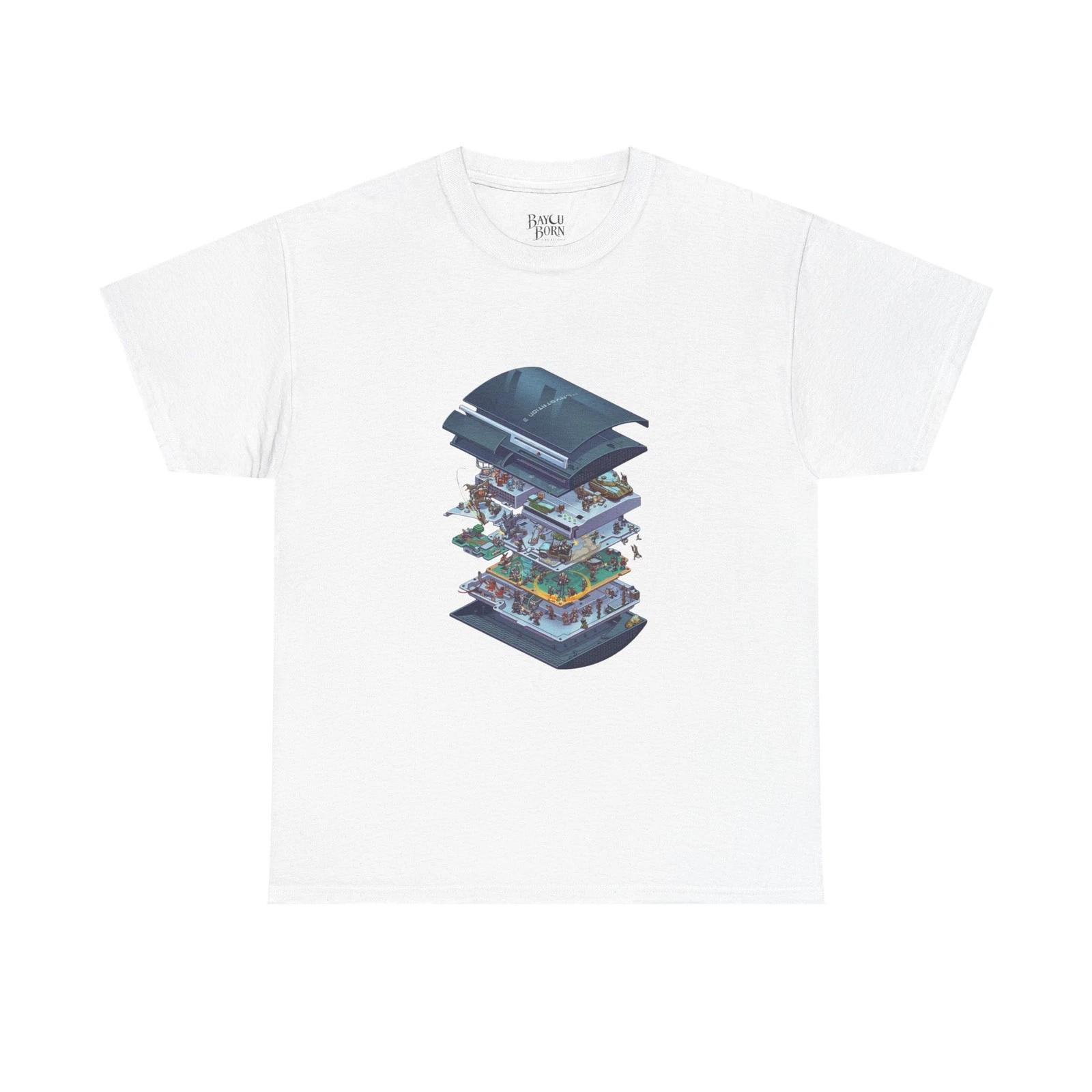 PS3 Exploded Retro Game Console Diagram T-Shirt | Isometric Layered Console Tee 2XL